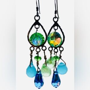 Handmade Blue Green Crystal Sterling Silver Chandelier Earrings
